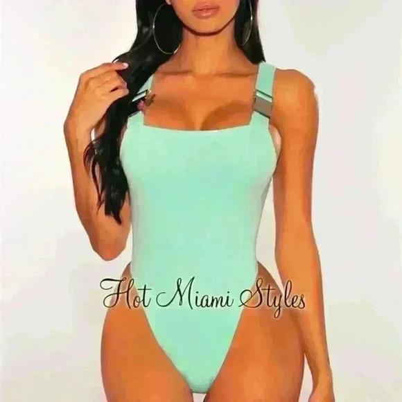 Mint Silver Buckle Straps High Cut Bodysuit - Picture 1 of 2